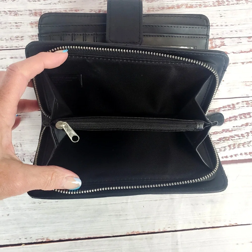 Vtg Guang Tong Black Genuine Leather Wallet Multi Pockets Basic Neutral Minimal